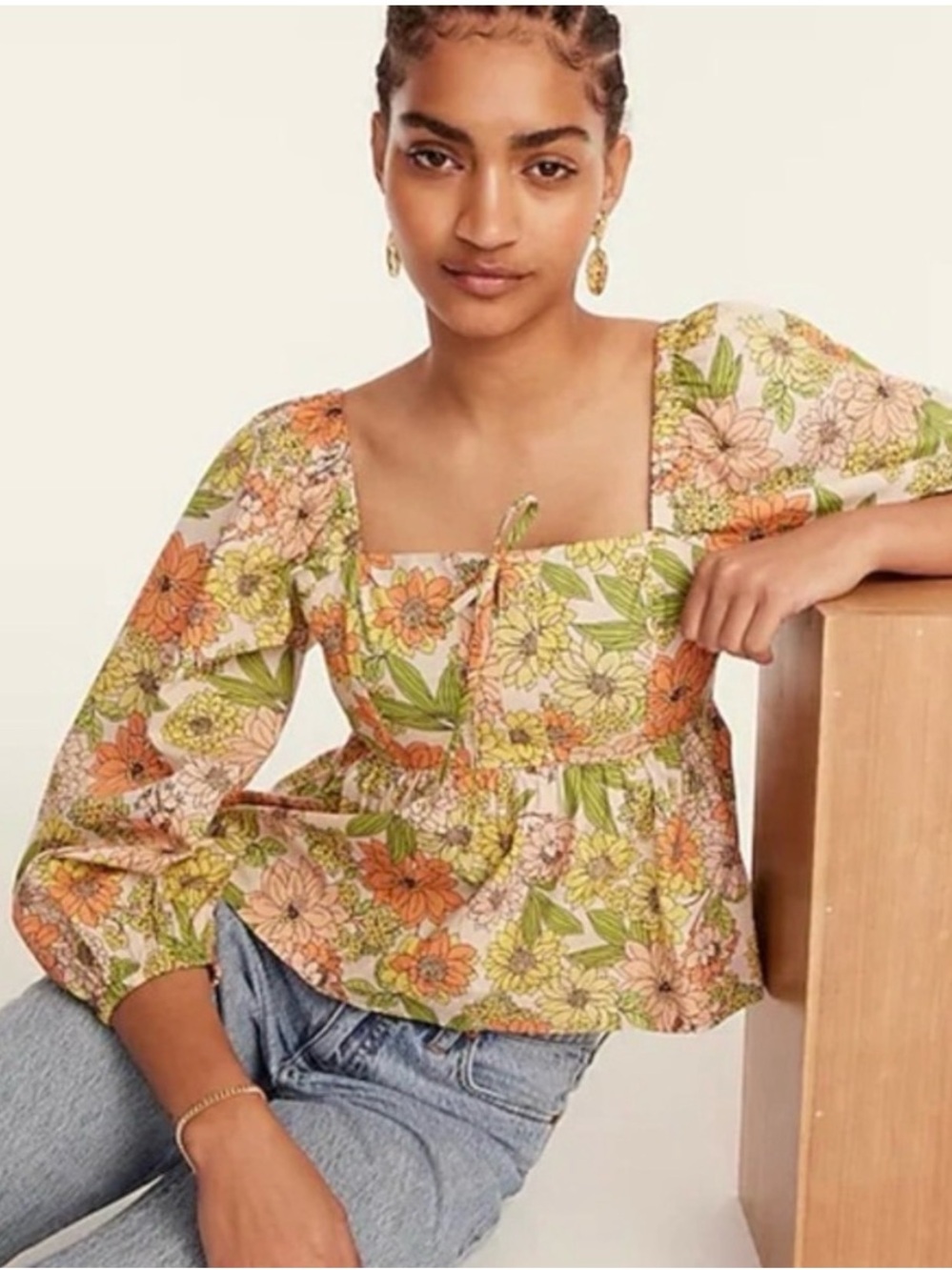 Floral Square-Neck Peplum Blouse in Peach & Green